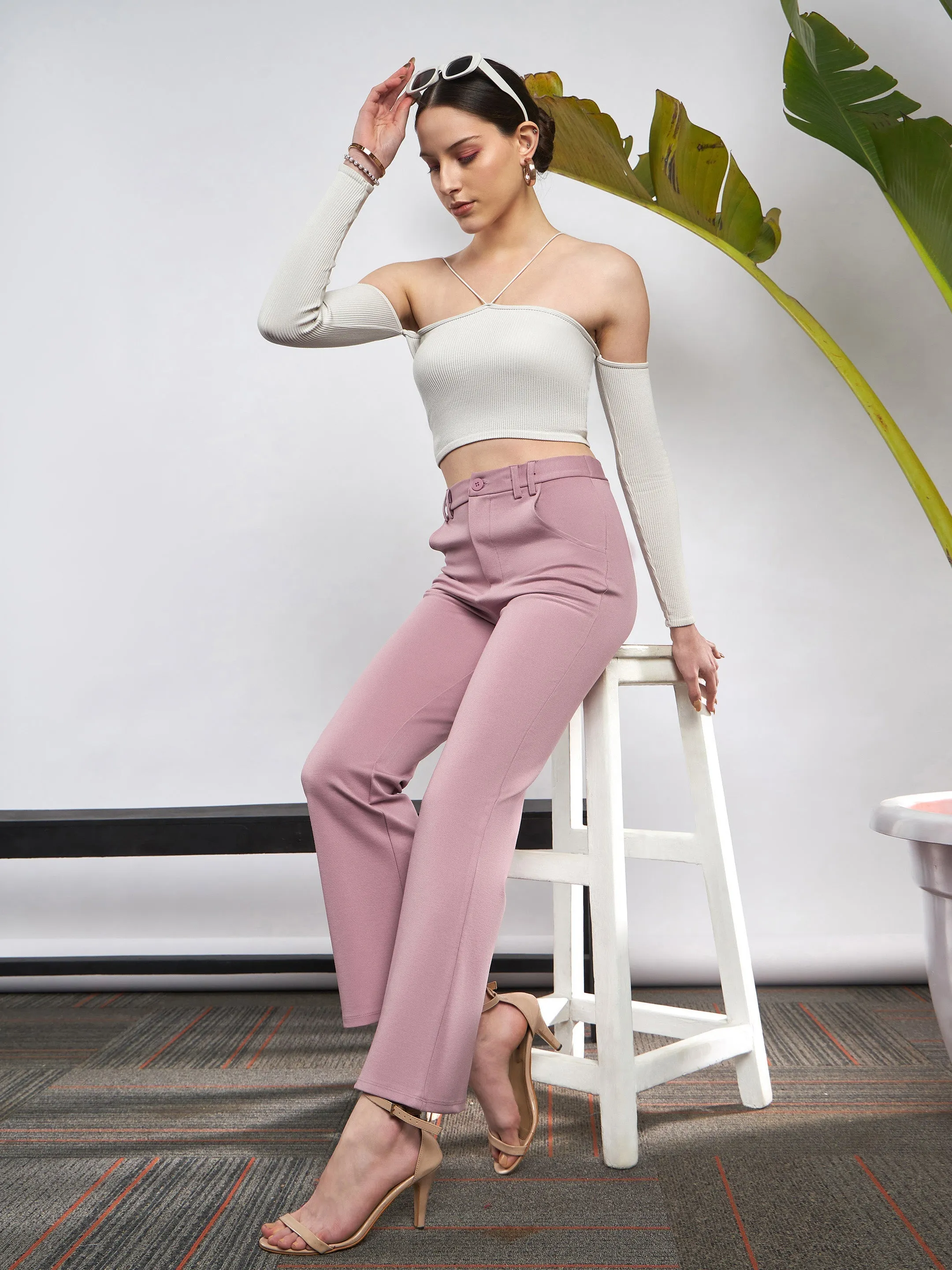 Women Light Pink Knit Bell Bottom Pants