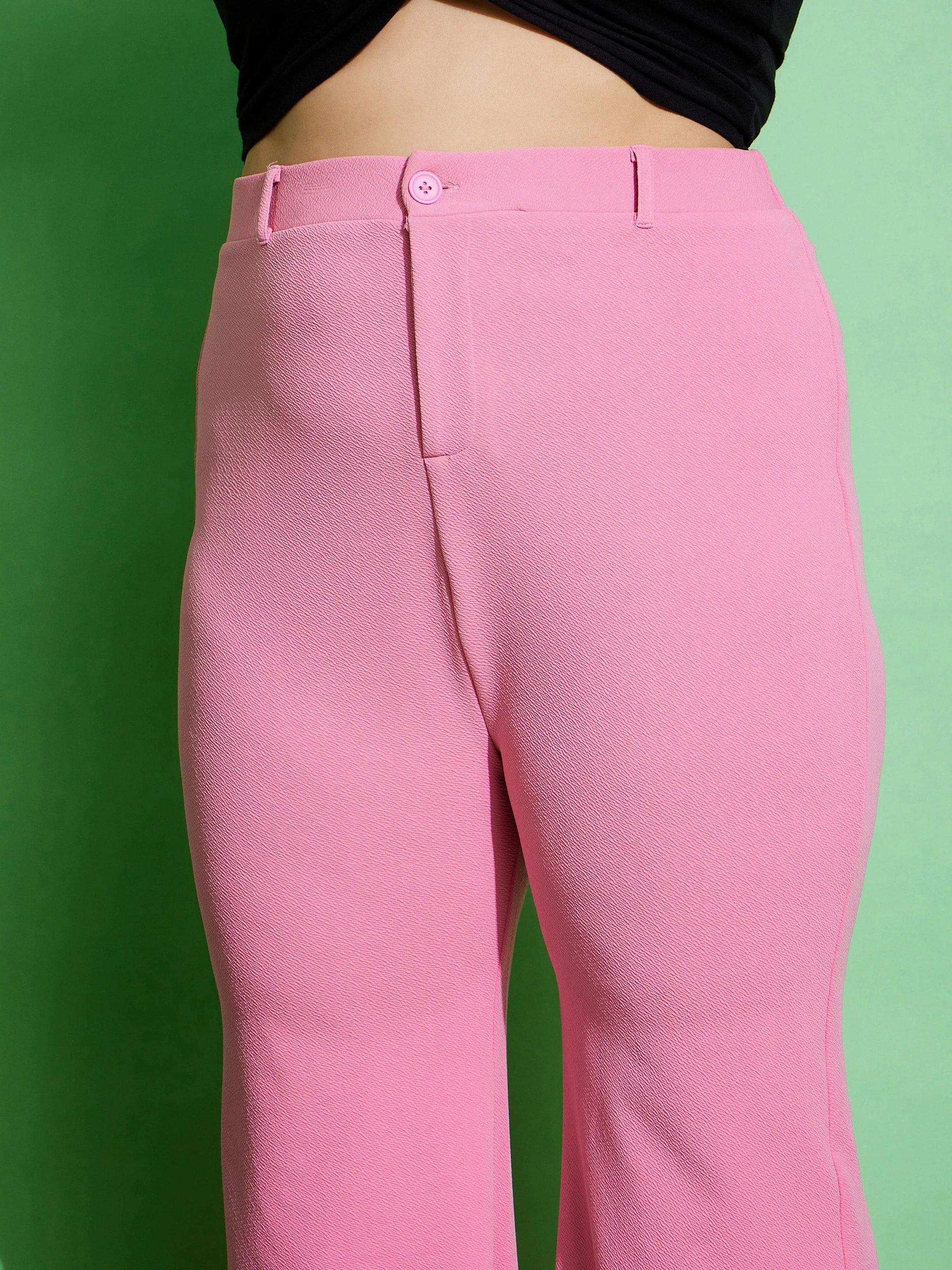 Women Pink Front Button Bell Bottom Pants