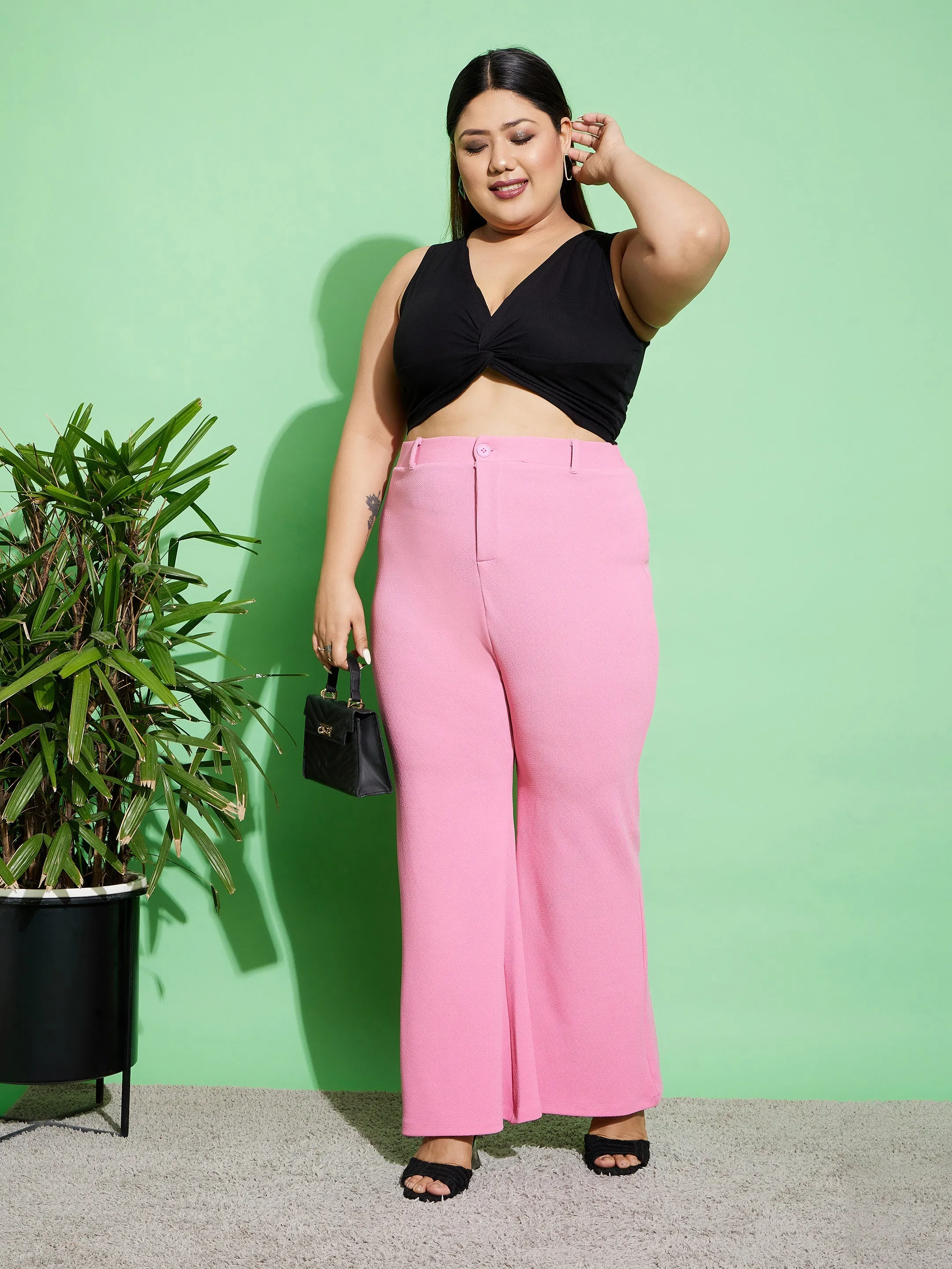 Women Pink Front Button Bell Bottom Pants