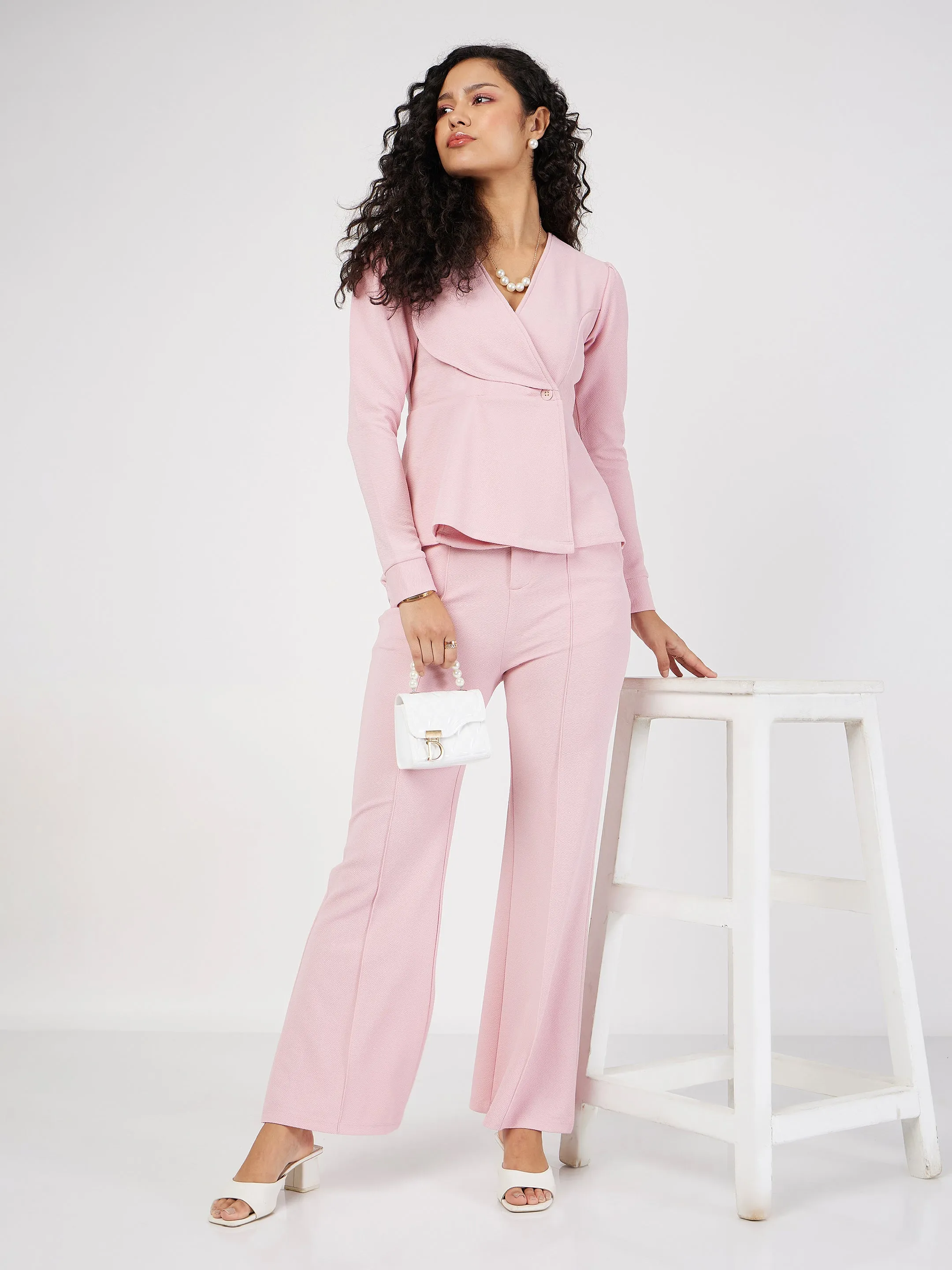 Women Pink Wrap Peplum Top With Bellbottom Pants