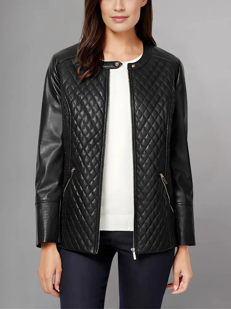 Women’s Black Leather Jacket Ban Collar