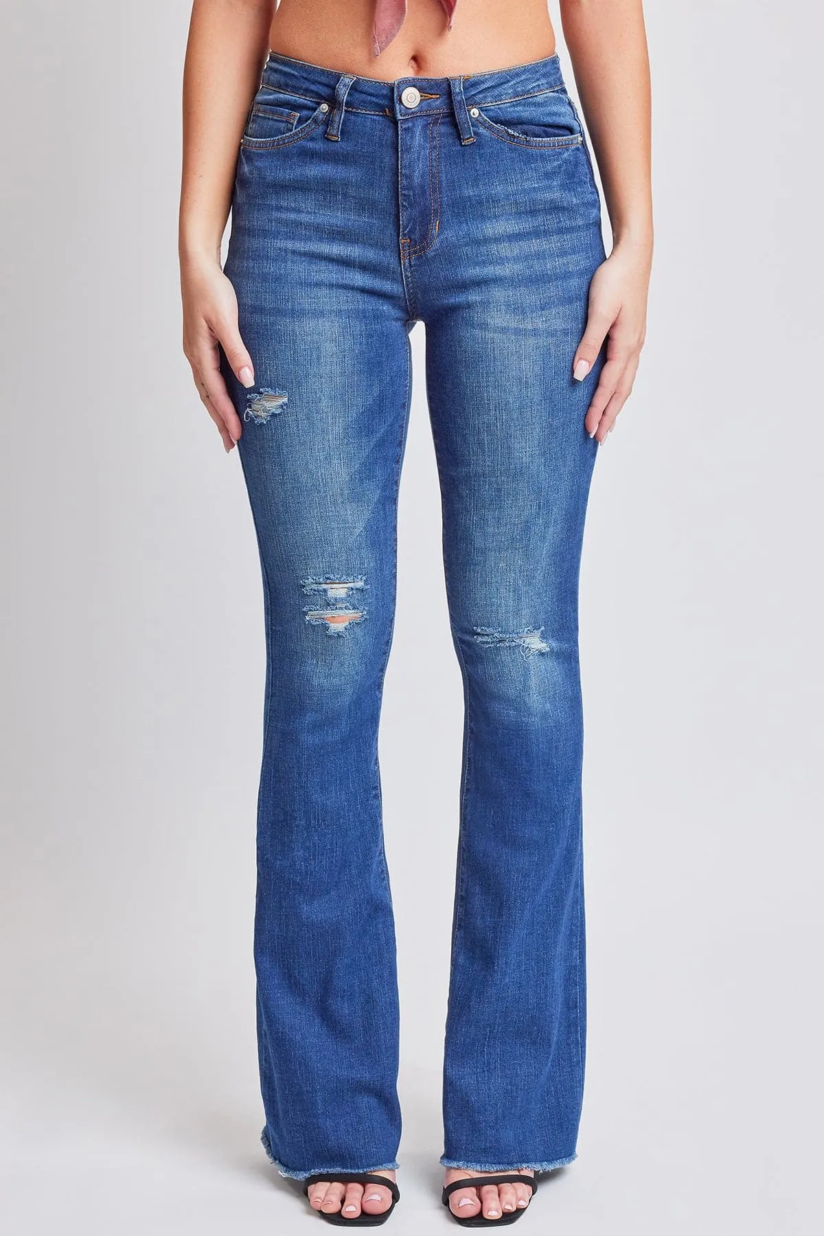 Women's High Rise Flare Jeans With Frayed Hem