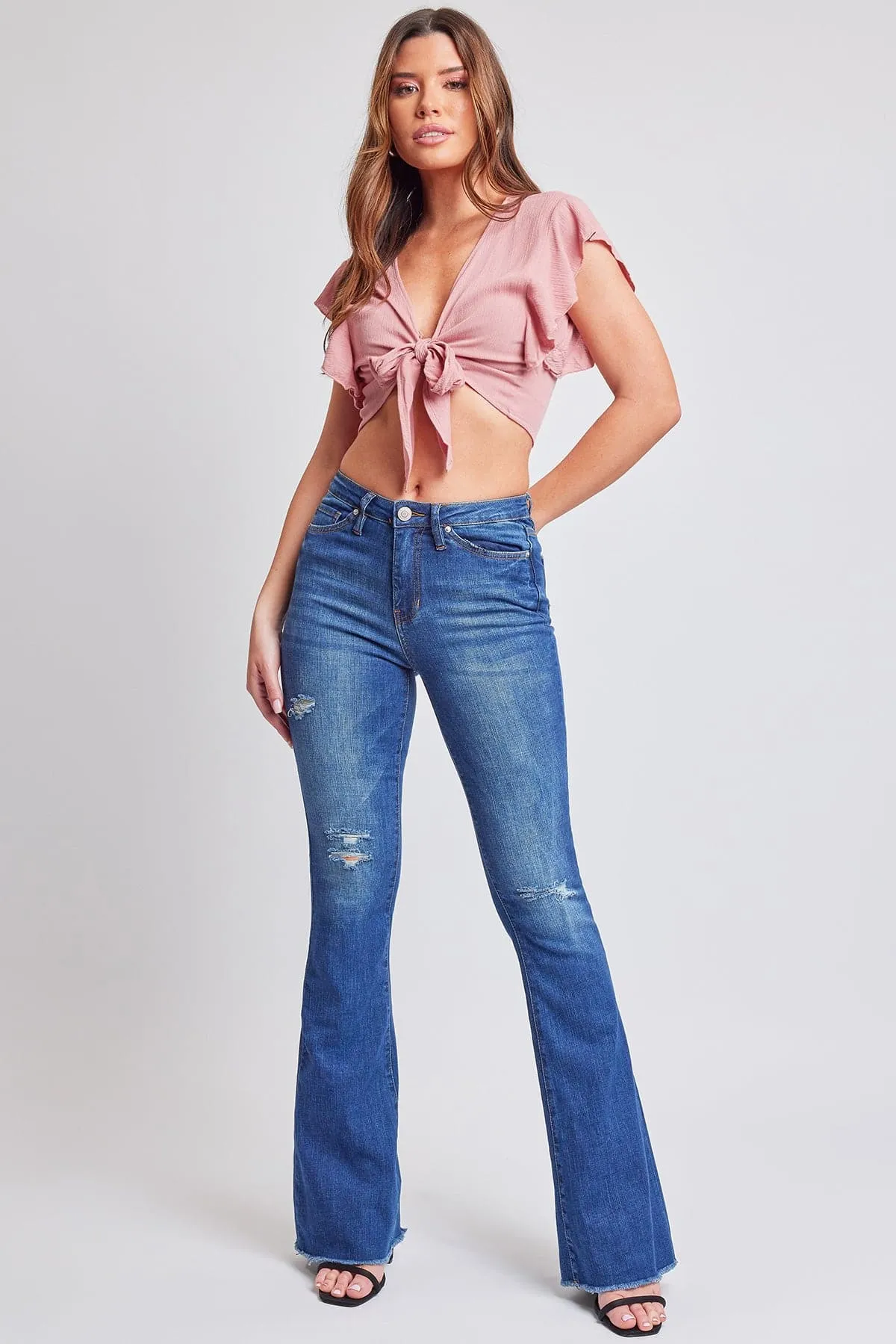 Women's High Rise Flare Jeans With Frayed Hem