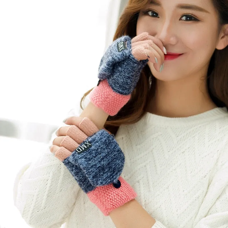 Women's Wool Knitted Fingerless Flip Winter Gloves