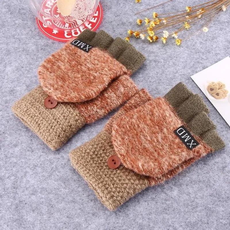 Women's Wool Knitted Fingerless Flip Winter Gloves