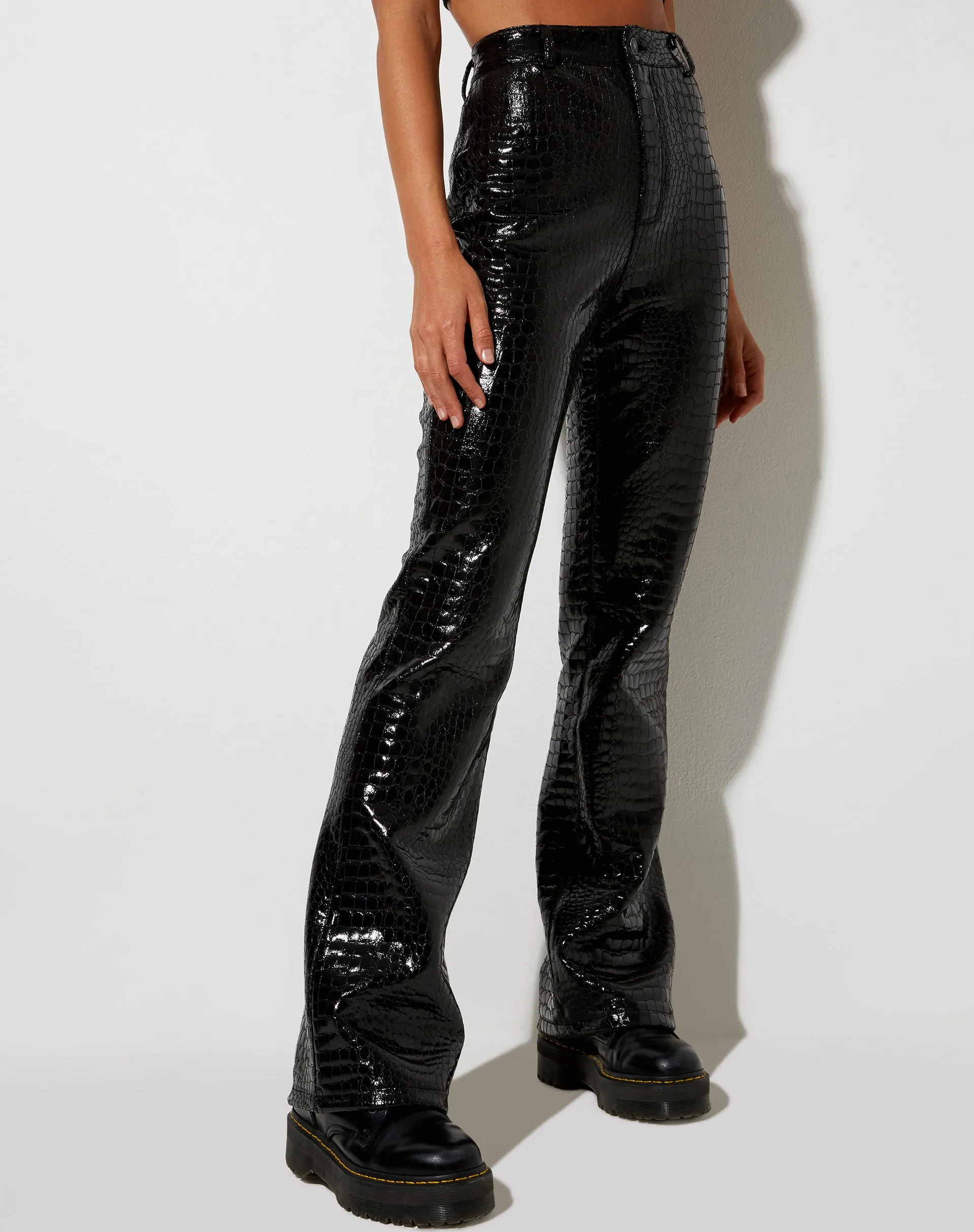 Zoven Flare Trouser in Croc PU Black